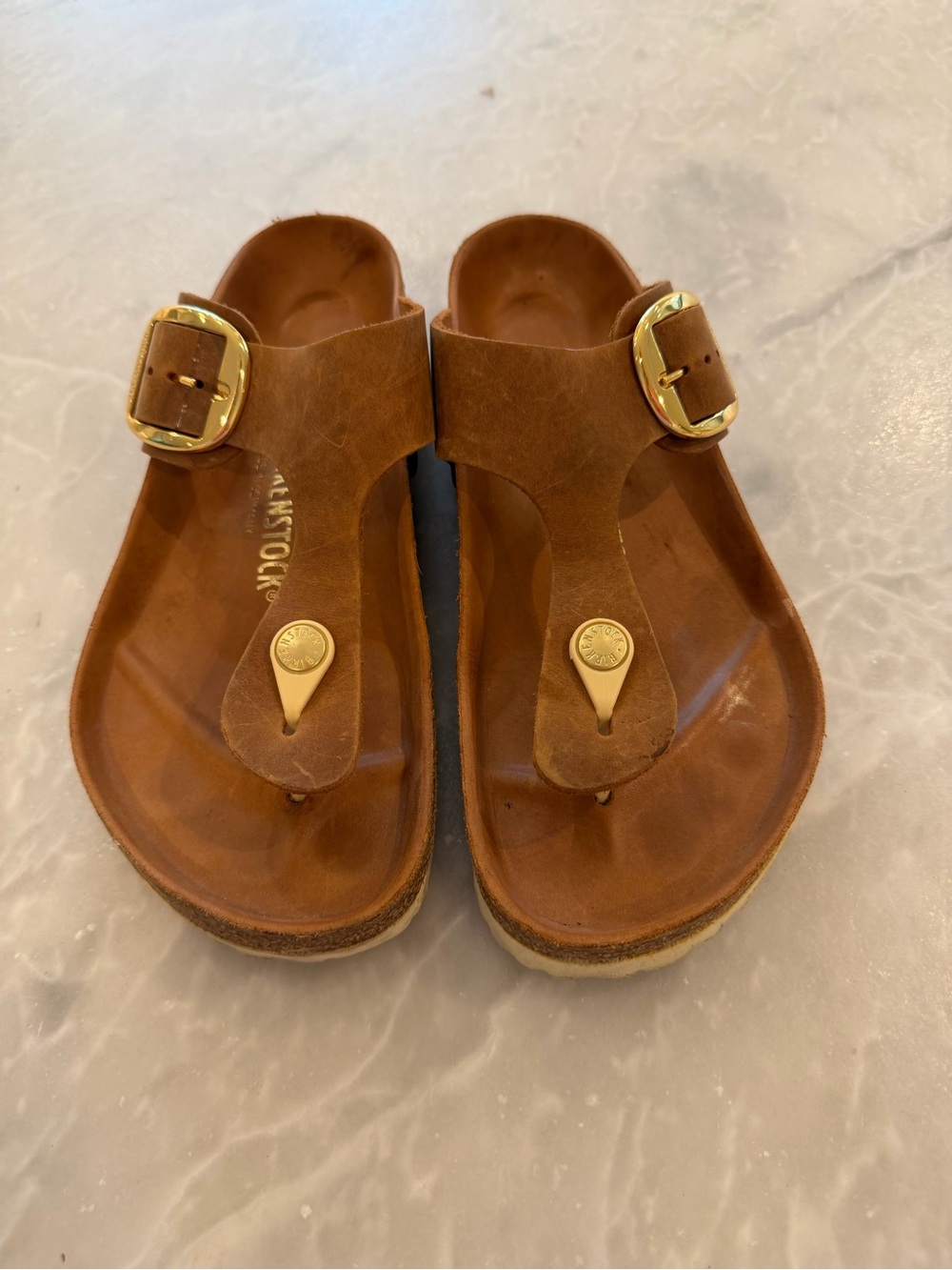 Birkenstock Brown Leather Thong Sandals with Gold Buckles